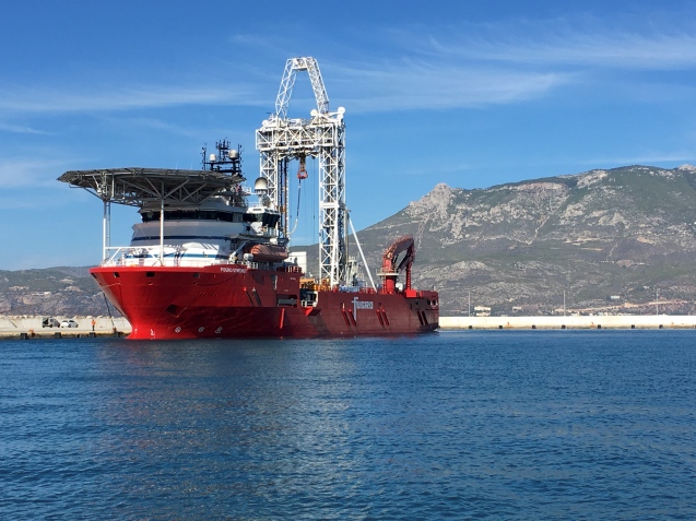 vessel Fugro Synergy at work in the Gulf of Corinth