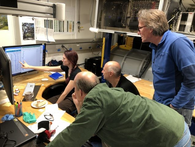 researchers looking at graph on computer screen