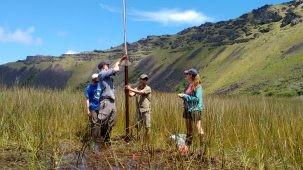 billy d'andrea pulls up sediment core on easter island