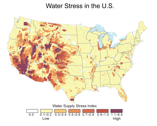 map of current water stress in the U.S.