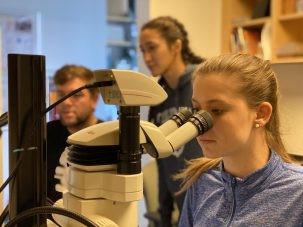 Students examining water samples under a microscope