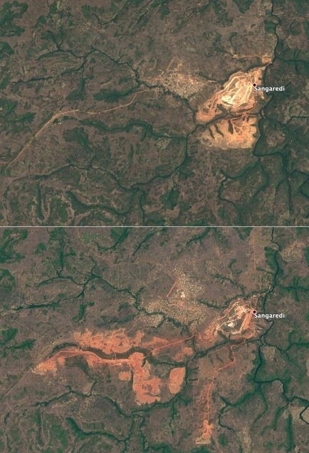 two maps show he expansion of mining operations in Sangaredi 