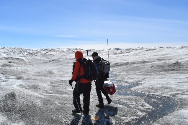 researchers walking on greenland ice sheet