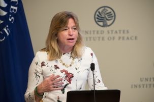 ellen stofan speaking at a podium in June 2015