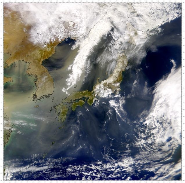satellite image of dust blowing over pacific ocean