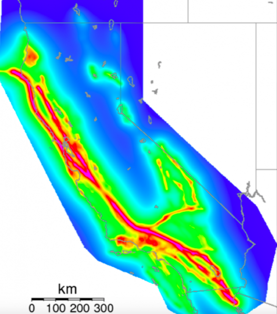 map of simulated earthquake hazards in california