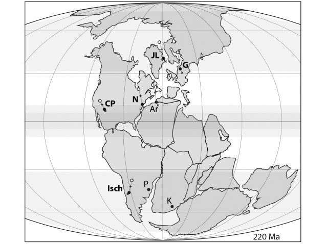 map of pangea with study sites marked