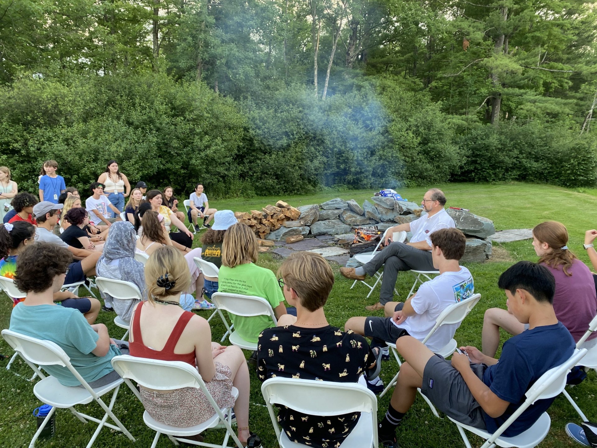 Students joined Art Lerner-Lam by the fire pit to chat about their experiences working to promote sustainability in their communities. Lerner-Lam listened and gave advice about working together and building on existing movements. IMG_3666