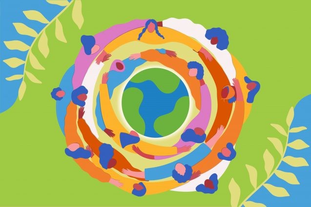 illustration of women forming a circle around the earth for international womens day