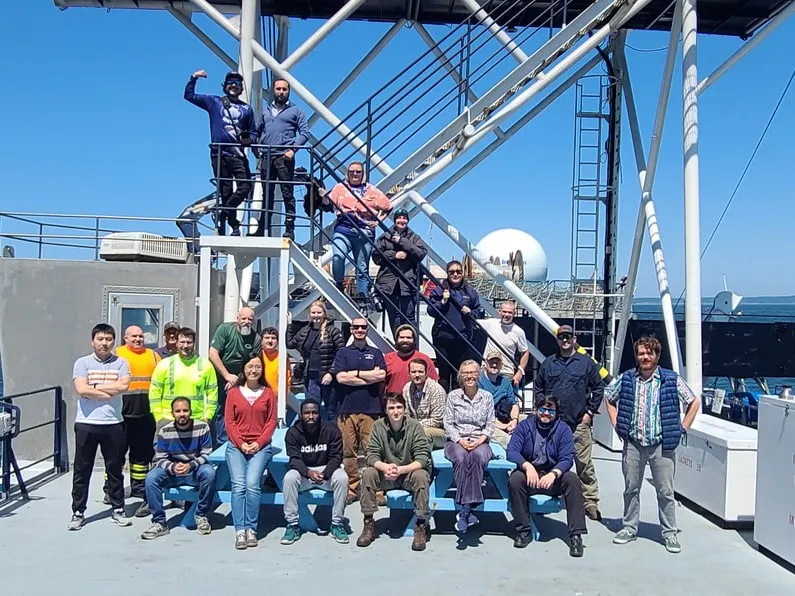 Researchers and crew aboard the R/V Marcus G. Langseth during the CASIE21 experiment.