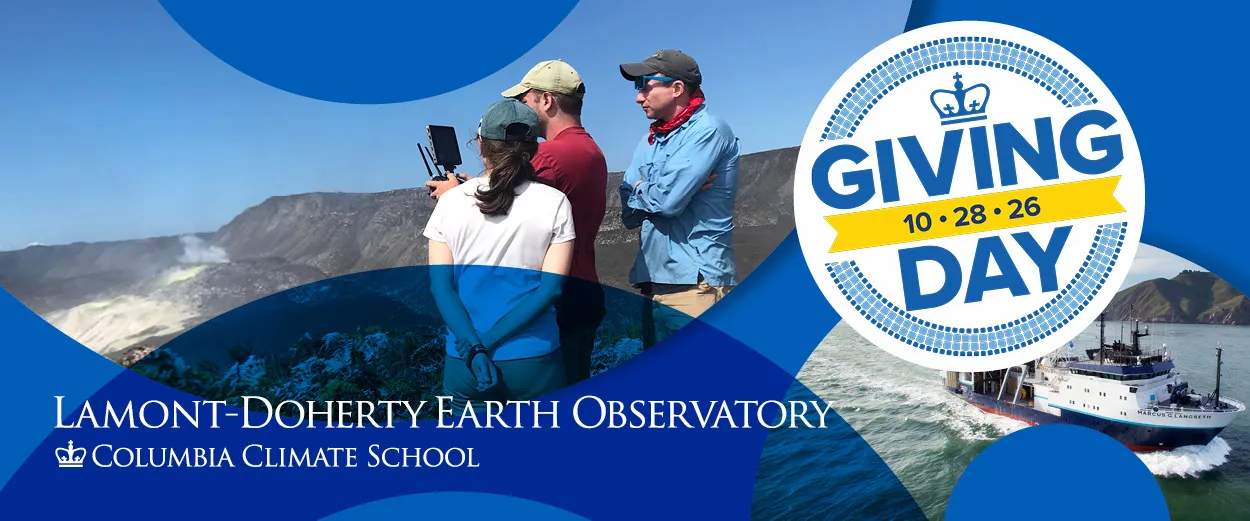 Scientists in the field and the R/V Marcus G. Langseth with LDEO and Giving Day logos