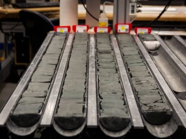 A newly split sediment core collected during Maureen Raymo’s IODP Expedition 382 in 2019. Credit: Lee Stevens & IODP