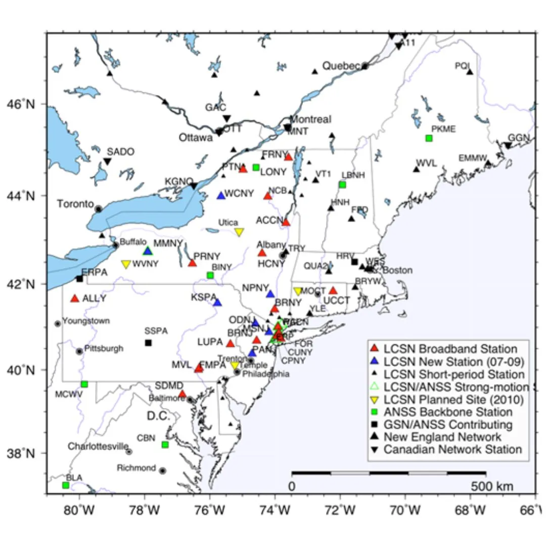 Map of stations of the Lamont-Cooperative Seismic Network (LCSN) and other networks in the northeastern U.S. that monitor seismic activity in real-time. Credit: Won-Young Kim, LDEO