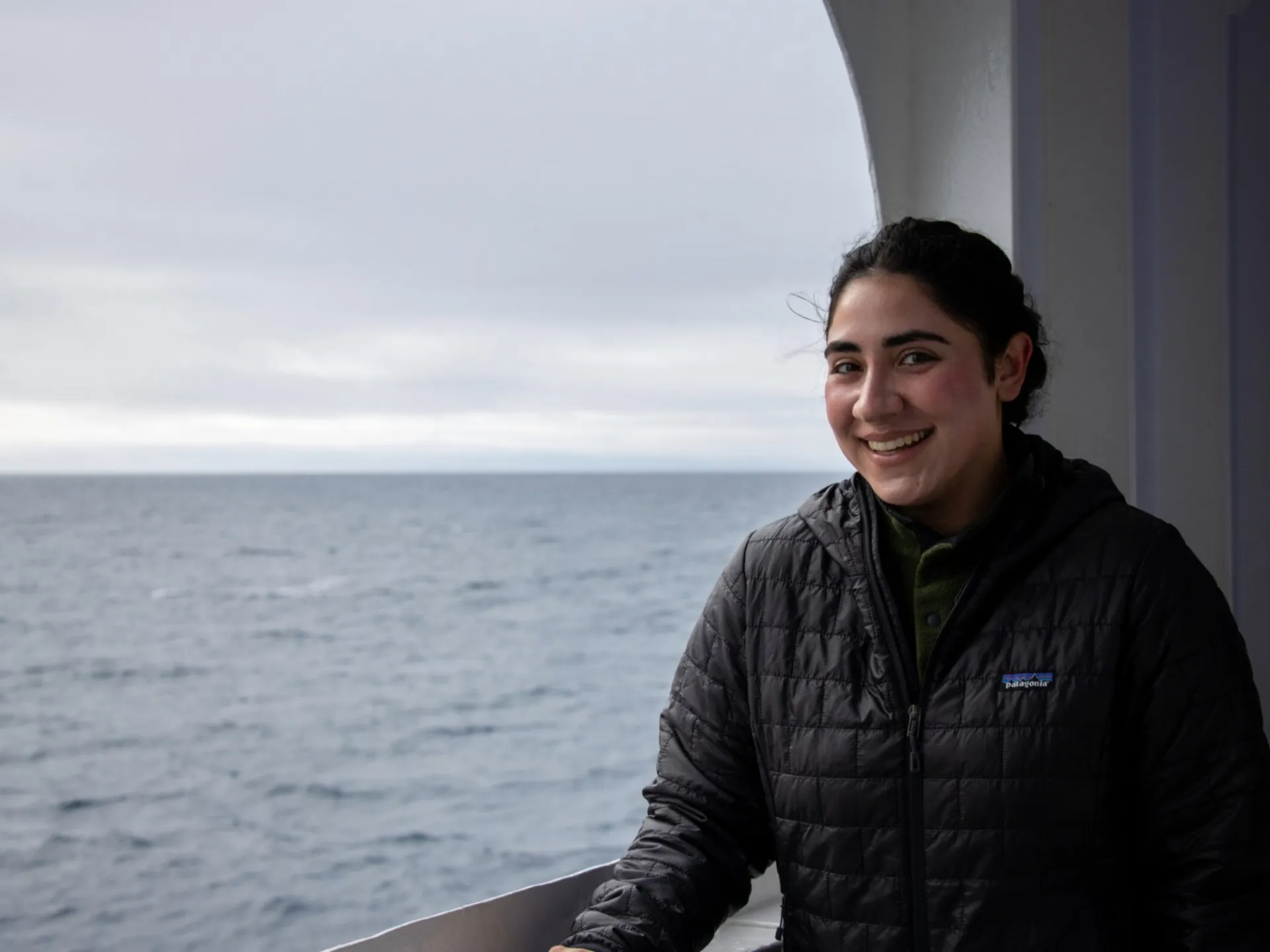 Apollonia Arellano on a research cruise aboard the R/V Celtic Explorer, where she helped collect marine sediment cores along a transect from Ireland to Greenland. Credit: Allison Jacob