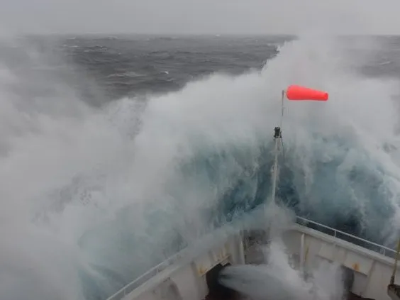 Bow of Joides Resolution - Gisela Winckler's Expedition 383 in Southern Ocean. Credit: Chrstina Riesselman