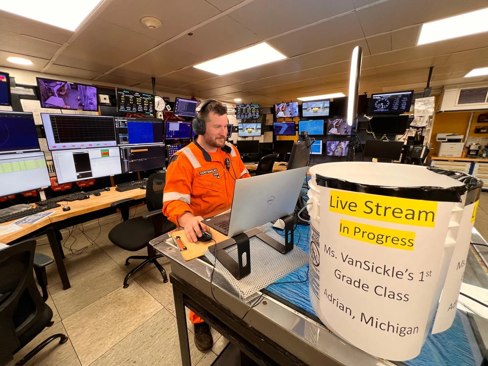 Cody Bahlau in the Langseth control room livestreaming to a first-grade class in Adrian, Michigan for the Desk to Deck program. Credit: Cody Bahlau