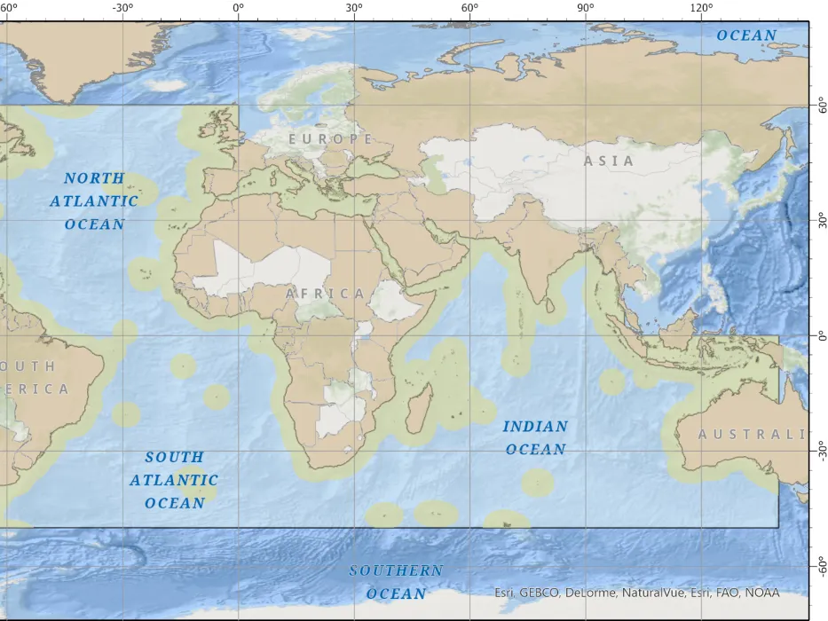 xcerpt of a map of Atlantic and Indian Oceans Regional Center for Seabed 2030. Credit: Ferrini Data Collaoratory