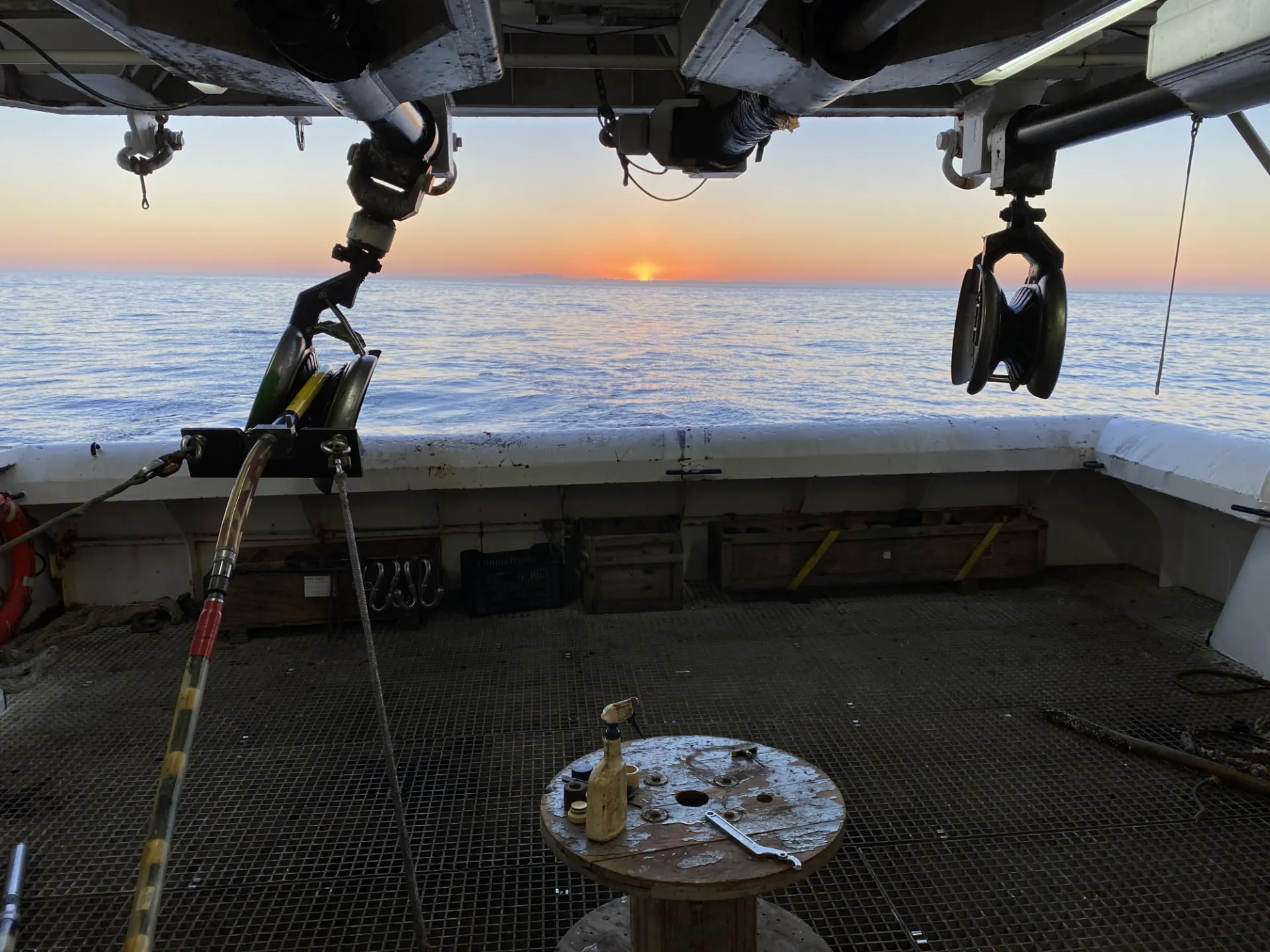 Marcus G. Langseth during the Cascadia Expedition, Jun 2021. Stop for sunrise while working on the Streamer. Credit: Cody Bahlau