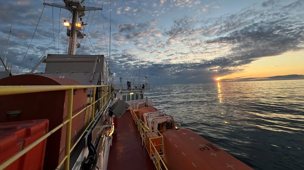 The JOIDES Resolution Drill Ship out in the North Atlantic on International Ocean Discovery Program Expedition 395: Reykjanes Mantle Convection and Climate. Credit: Claire Jasper