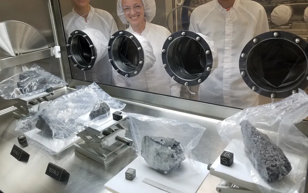 Kerstin Lehnert (center) and colleagues in a lunar sample vault at the Johnson Space Center. Photo courtesy of Kerstin Lehnert