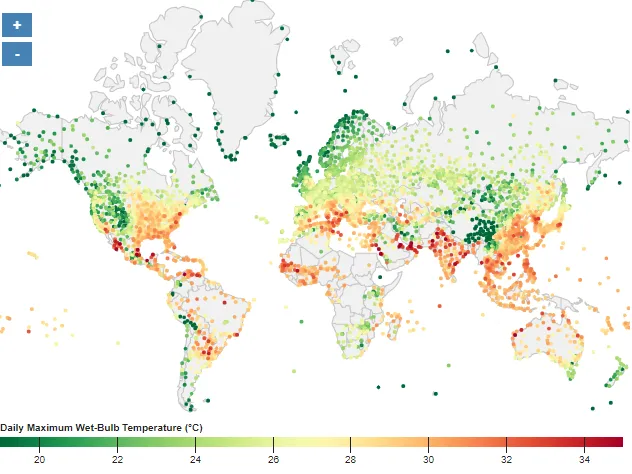 Study shows that extreme mixtures of heat and humidity are emerging across the globe. Map shows documented instances, with hotter colors from yellow to red signifying the worst combinations as measured on the Centigrade “wet bulb” scale. (Map by Jeremy Hinsdale; adapted from Raymond et al., Science Advances, 2020)