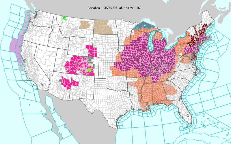 US weather alert map showing widespread heat warnings across the Midwest, Northeast, and South (June 30, 2026).