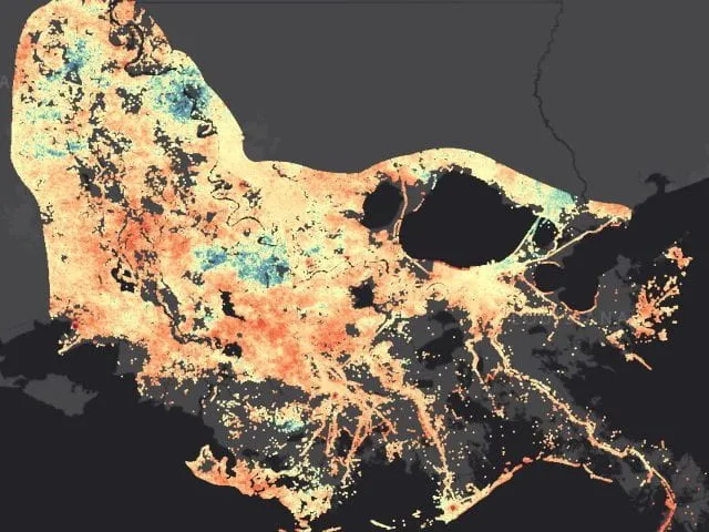 Pattern of land subsidence over the Mississippi River delta. Adapted from Ohenhen et al., Nature, 2026