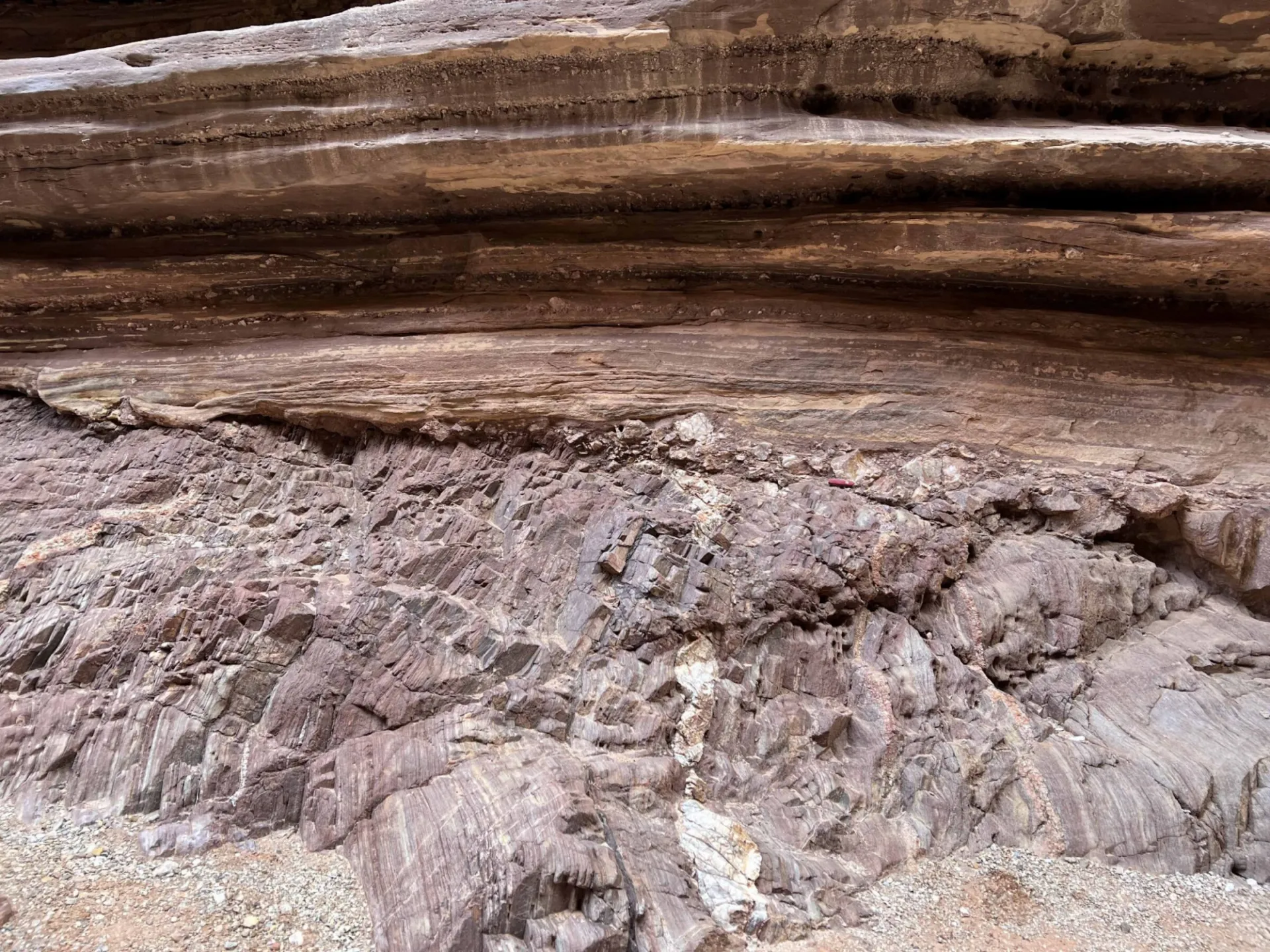 The Great Unconformity in the Grand Canyon separates ~1.75 billion year-old Vishnu Schist from ~505 million year-old (Cambrian) Tapeats Sandstone. Credit: Nicholas Christie-Blick