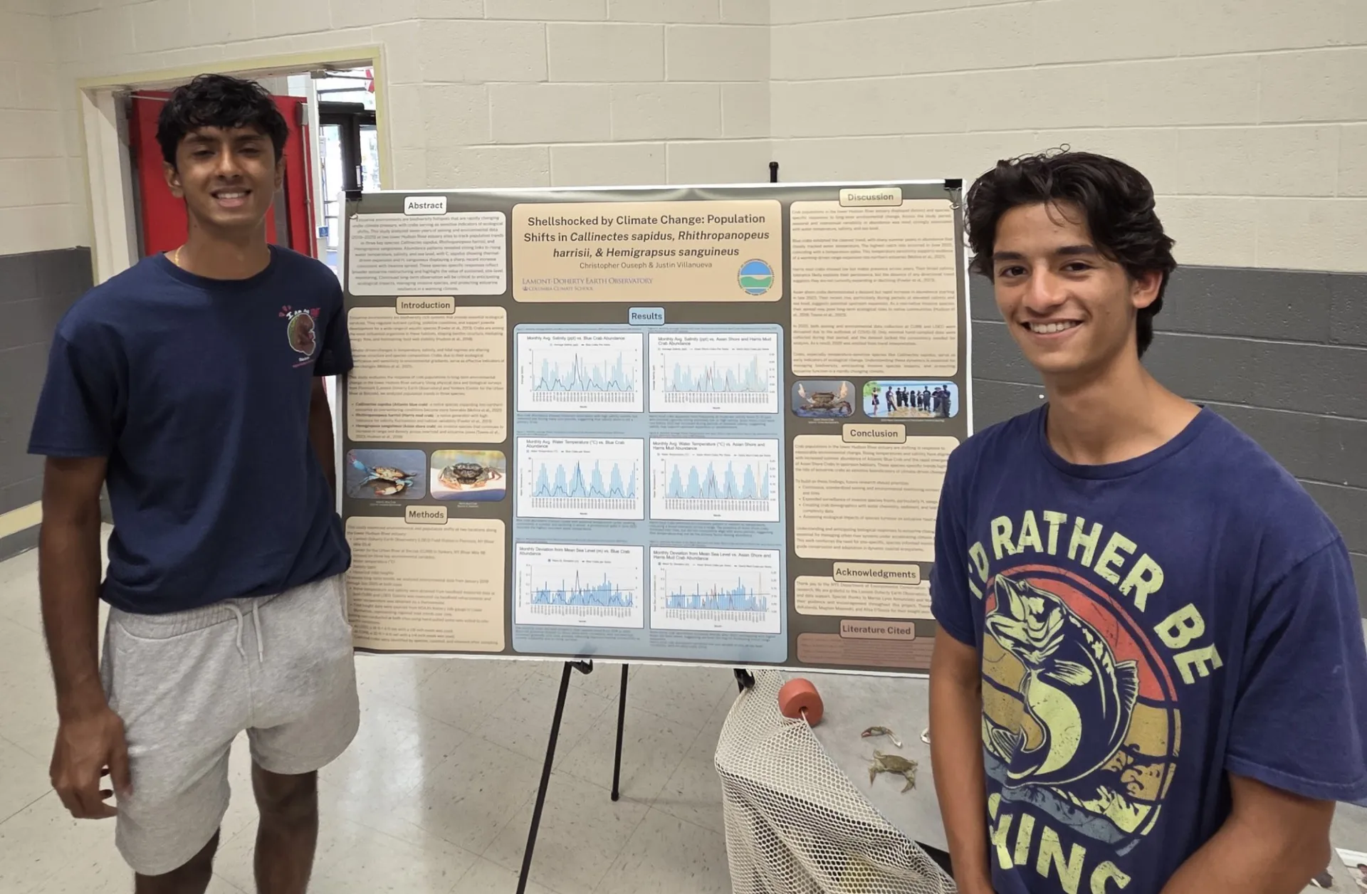 Next Gen Interns standing by research poster “Shellshocked by Climate Change.” 
