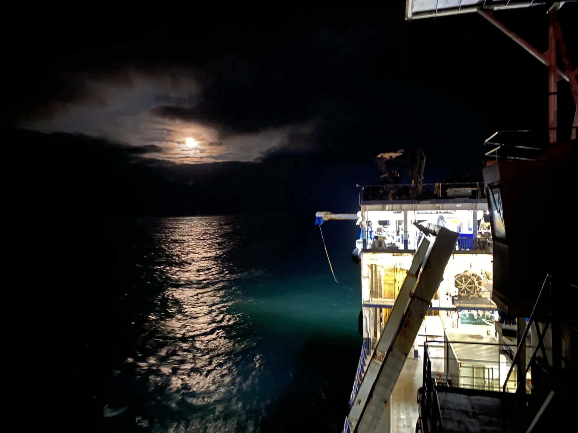 Marcus G. Langseth in the moonlight during the Queen Charlotte Fault Expedition, Aug 2021, Haida Gwaii. Credit: Cody Bahlau
