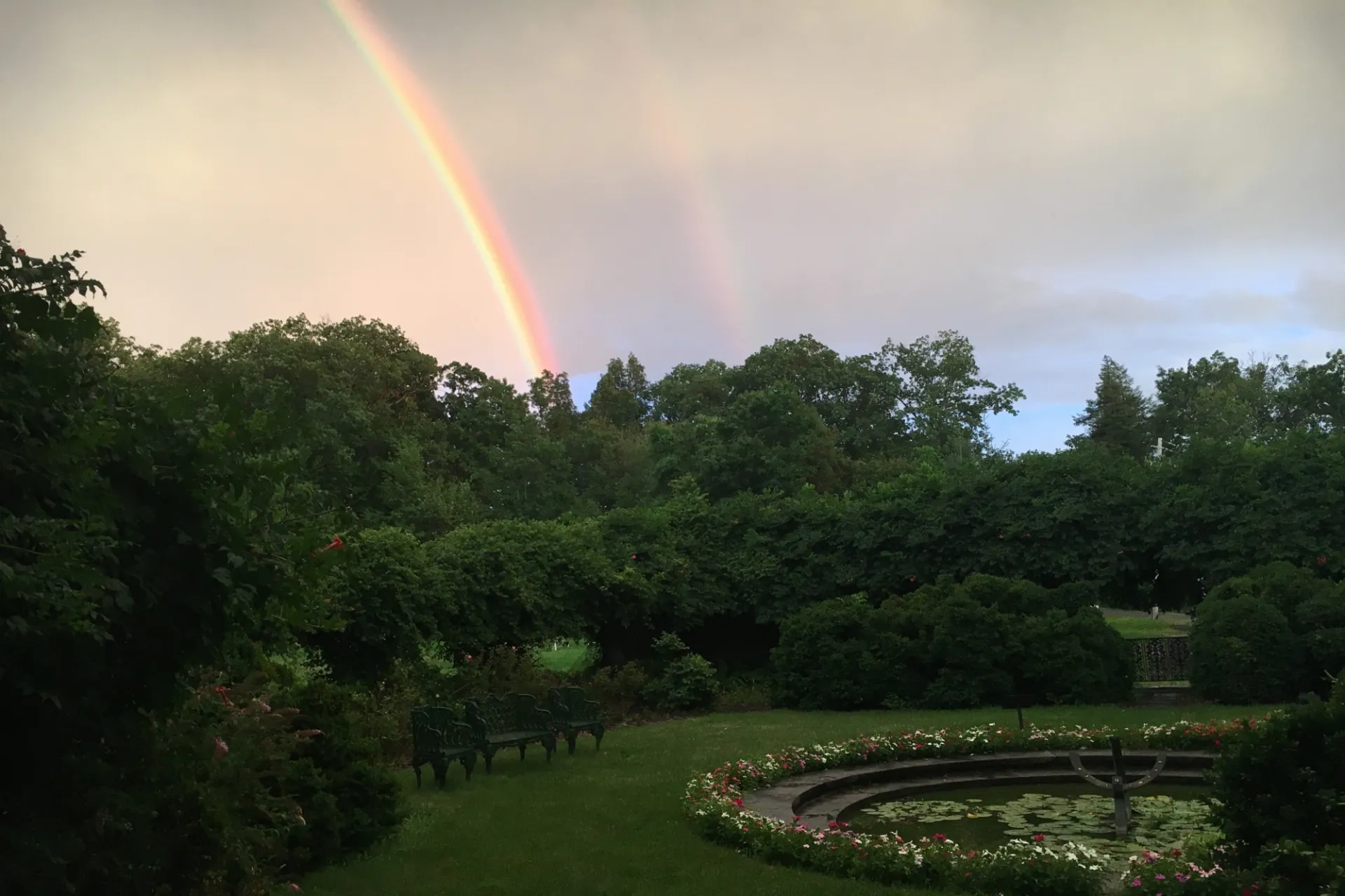 Rainbow Over the Garden. Credit: Caroline Leland