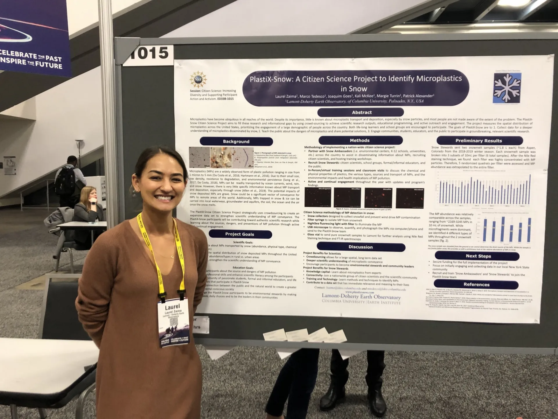 Laural Zaima presented the PlastiX-Snow project in a poster at the fall meeting of the American Geophysical Union in December 2019. Credit: Marie DeNoia Aronsohn