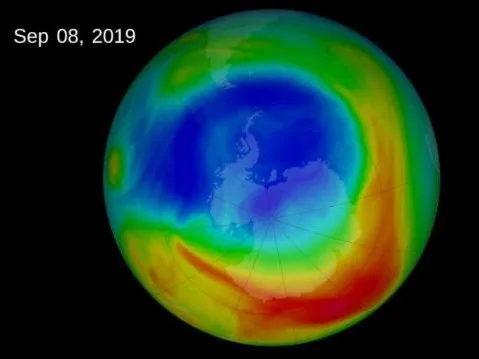 The 2019 ozone hole reached a peak extent of 6.3 million square miles on September 8, 2019, the lowest maximum observed in decades. This NASA visualization depicts ozone concentrations in Dobson Units, the standard measure for stratospheric ozone.