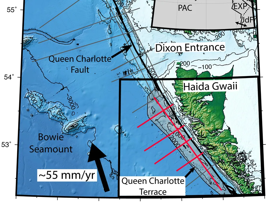 Map of the study area, showing the location of the Queen Charlotte Fault (QCF) in relation to the Pacific (PAC), North America (NA), Yakutat (YAK), Explorer (EXP) and Juan De Fuca (JdF) tectonic plates. Credit: Brandl et. al., Science Advances