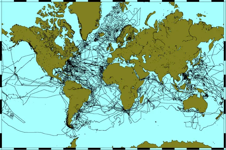 R/V Vema science tracks, totaling an estimated 1,225,000 nautical miles. Credit: John Diebold & GMT mapping software