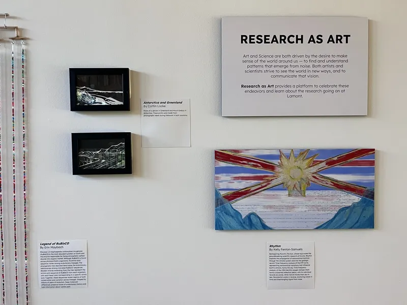 Detail of Research as Art 2026 exhibit wall with 3 pieces in view