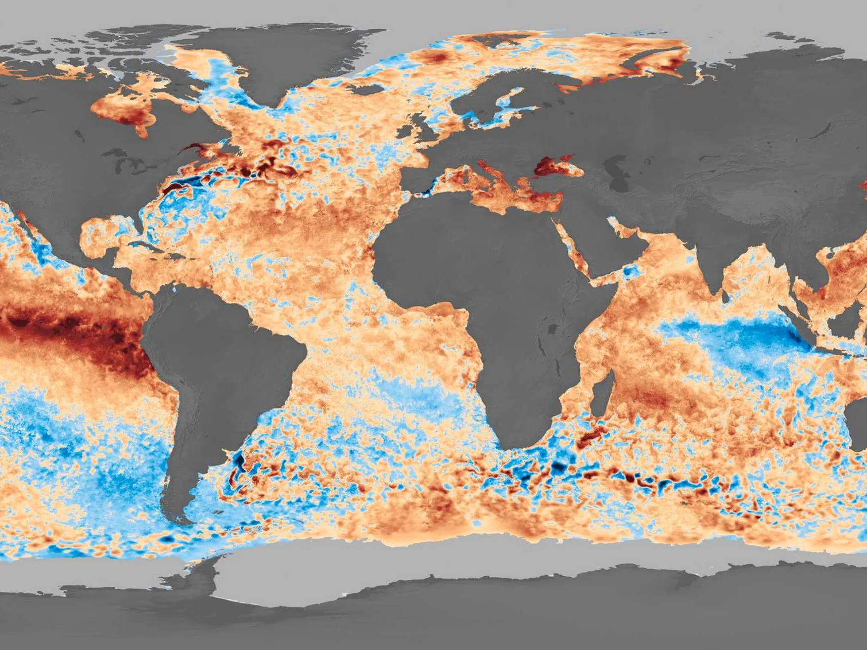 Sea surface temperatures on October 29, 2023. The colors show how much the monthly temperature deviates from the long-term average (1985–1993). Red indicates warmer, blue colder than normal temperatures. Credit: Keystone