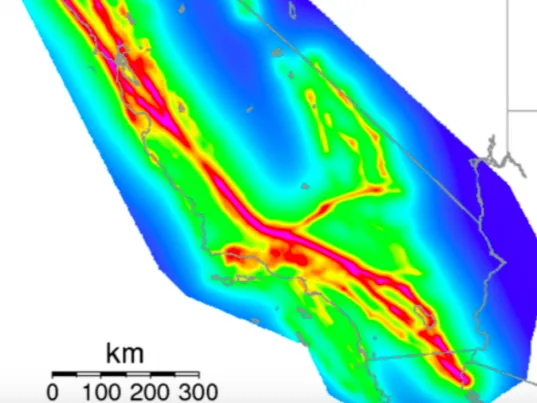  Simulation of earthquake hazard in California. Hotter colors indicate more hazard. (Shaw et al., Science Advances, 2018)