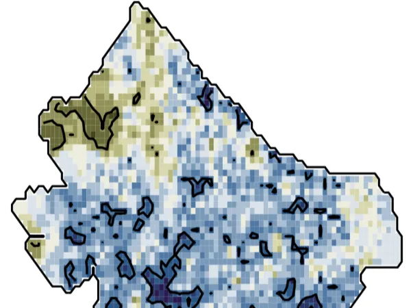 Excerpt of map of how extreme rainfall days within India change with the El Niño-La Niña cycle