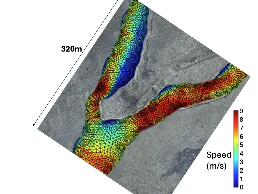 Surface velocity measurements of a section of the fissure 8 lava flow using drone video taken on June 22, 2018. The colors represent the different flow velocities at different parts of the flow. Credit: Einat Lev
