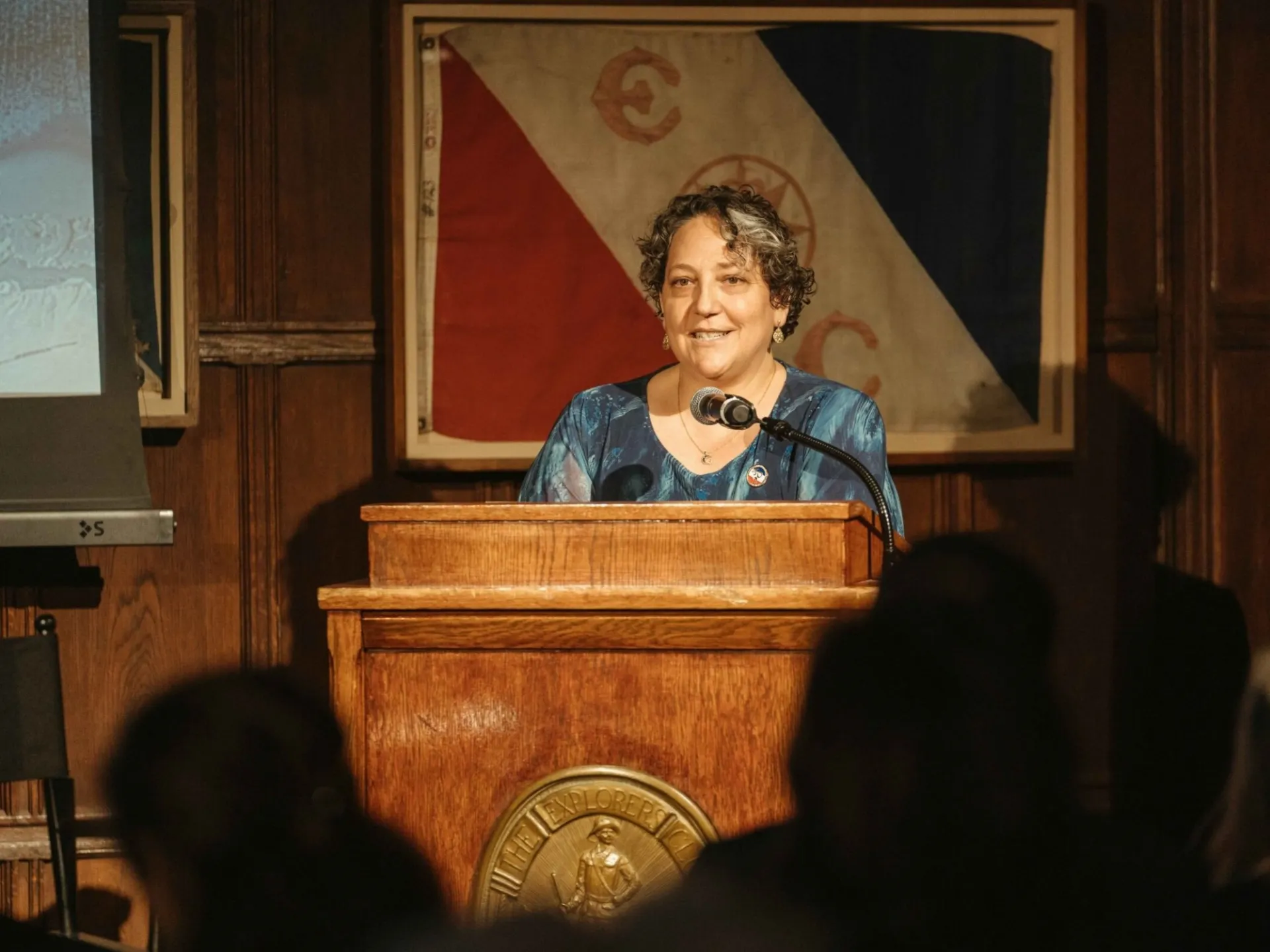 Marine geophysicist Vicki Ferrini speaking at New York’s Explorers Club. Credit: The Explorers Club