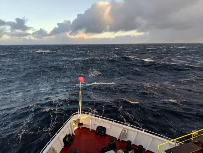 The drill ship JOIDES Resolution making its way through the far southeast Pacific. Credit: Gisela Winckler