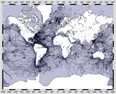 Science survey tracks of all research ships operated by Lamont: Vema, Eltanin, Conrad, and Ewing, totaling an estimated 3,345,000 nautical miles. Credit: John Diebold & GMT mapping software
