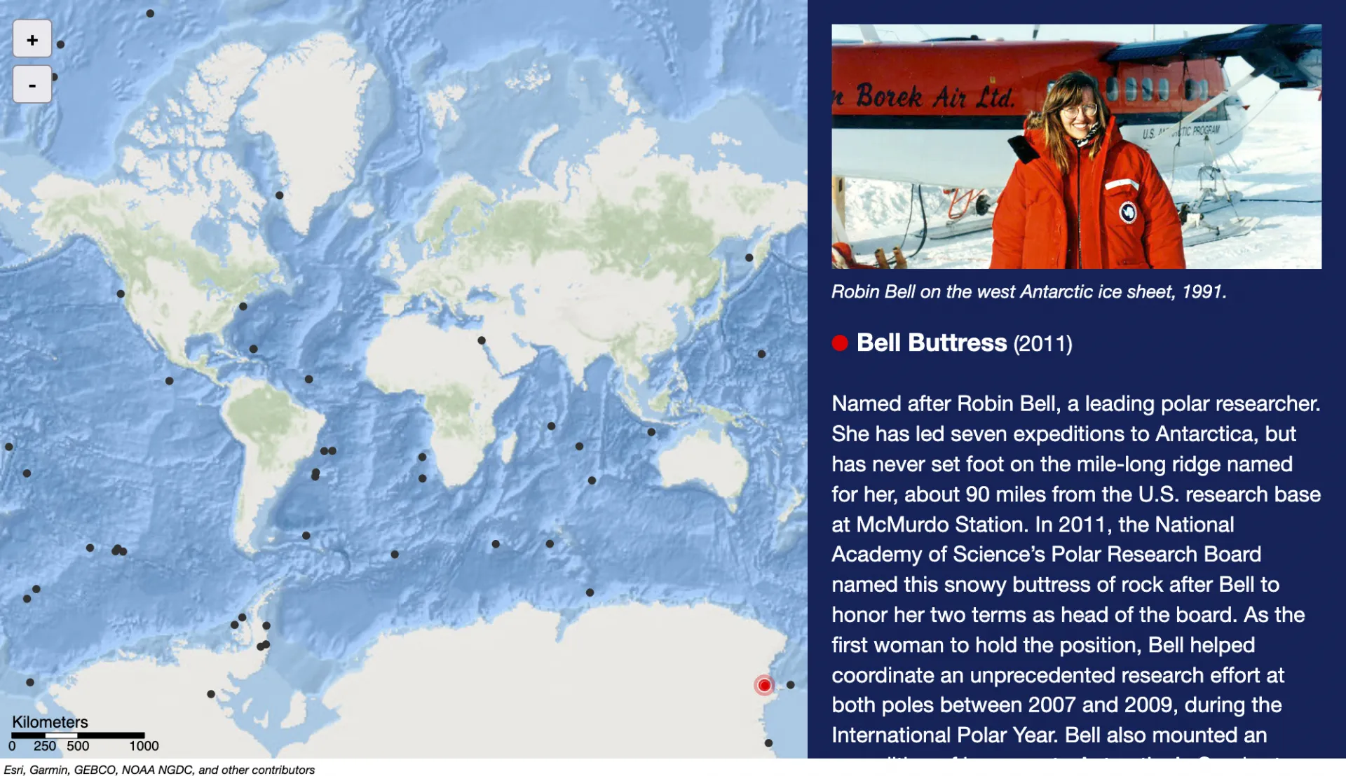 Screenshot of interactive map showing world map at left and information window about "Bell Buttress" feature at right.