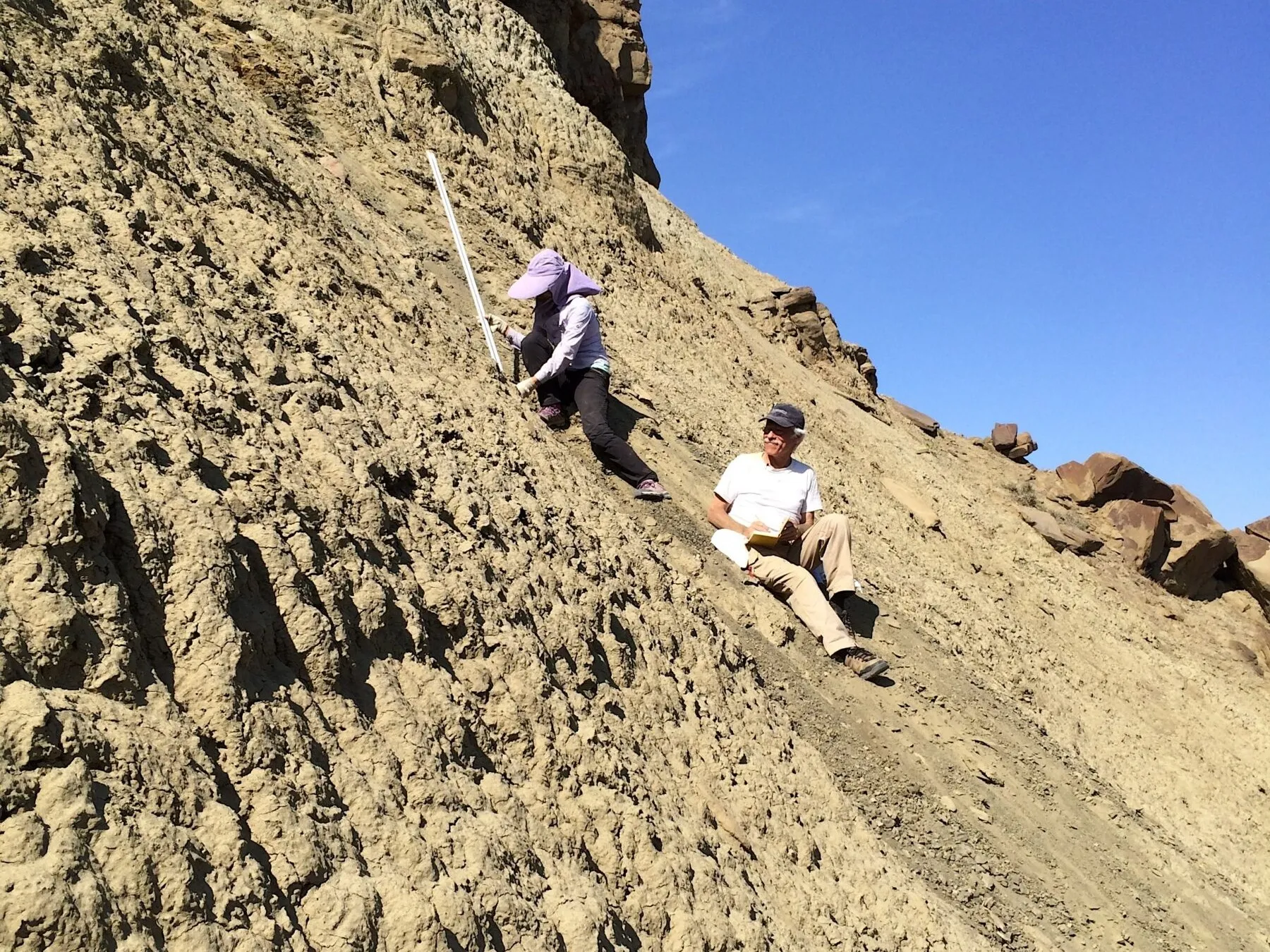 Yanan Fang and Paul Olsen on the slope of the Sangonghe Formation in northwestern China where they are taking rock samples for carbon isotopic analysis in a hand-dug trench.