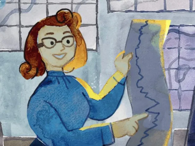 drawing of marie tharp with topography profile