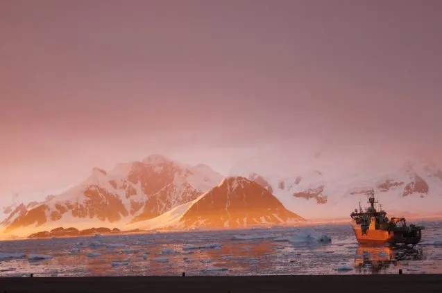ship navigates icy waters on a foggy day with mountains in the background