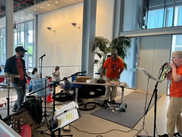 A band performs on stage.