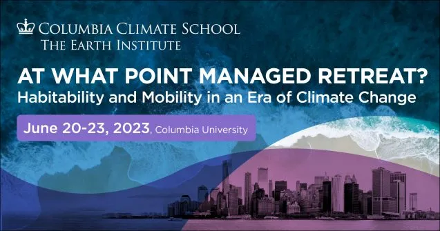A banner about the Managed Retreat conference depicting NYC in the background
