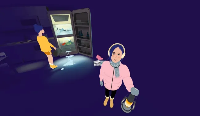 Stillshot of the girl watering the glacial ice in her freezer.